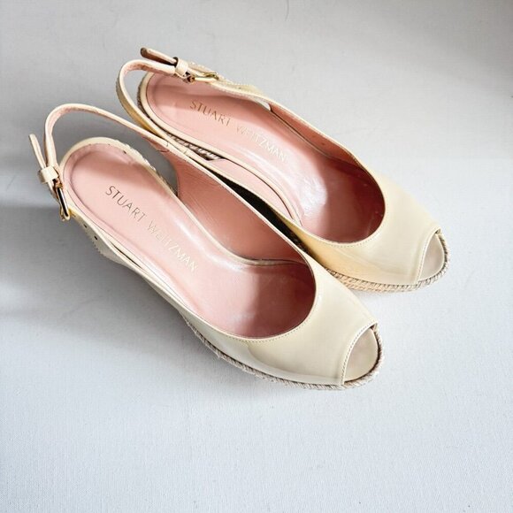 Stuart Weitzman Nide Ivory Beige Patent leather Wedge Peep Toe Heels 6 - Picture 2 of 11